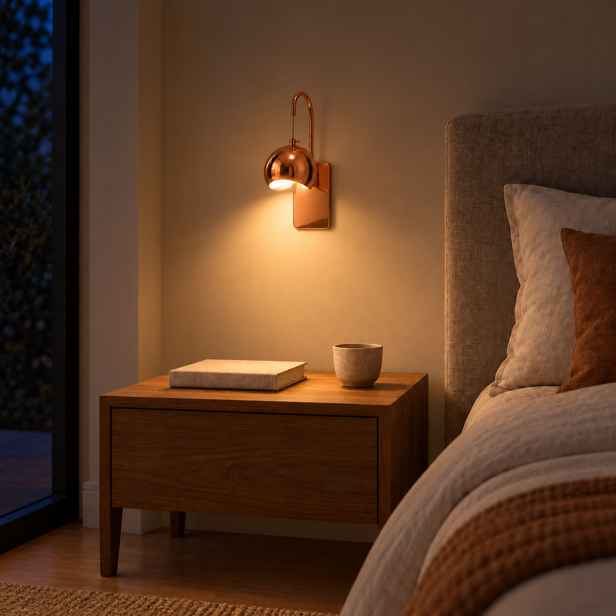 Cut Globe Gooseneck Wall Light illuminated in an interior at night