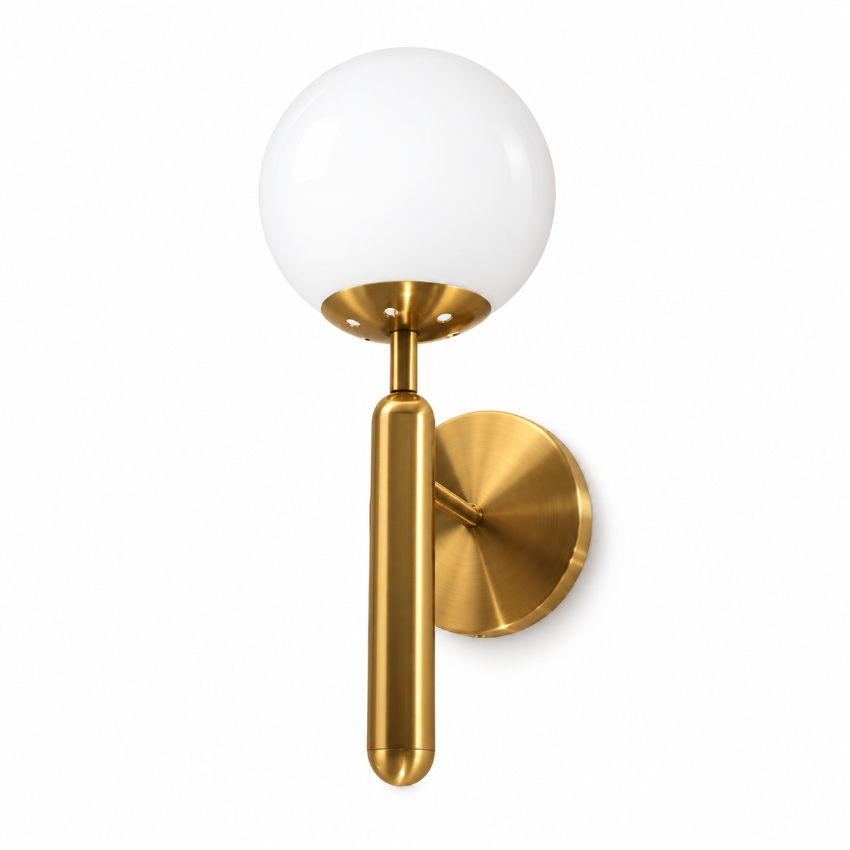 White globe tapered baton wall light, switched off on a white studio background.