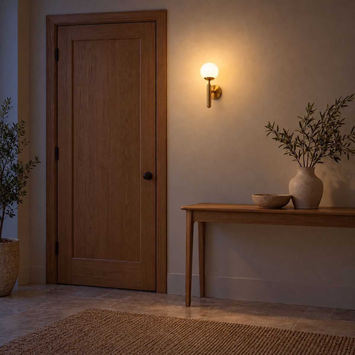 White globe tapered baton wall light, illuminated in a nighttime interior setting.
