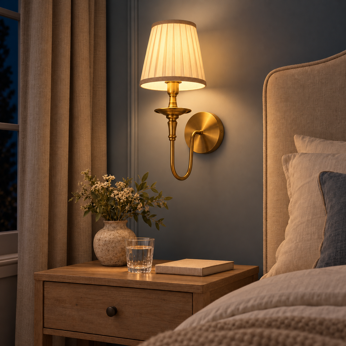 Pleated Loop Arm Wall Light illuminated in a night-time interior