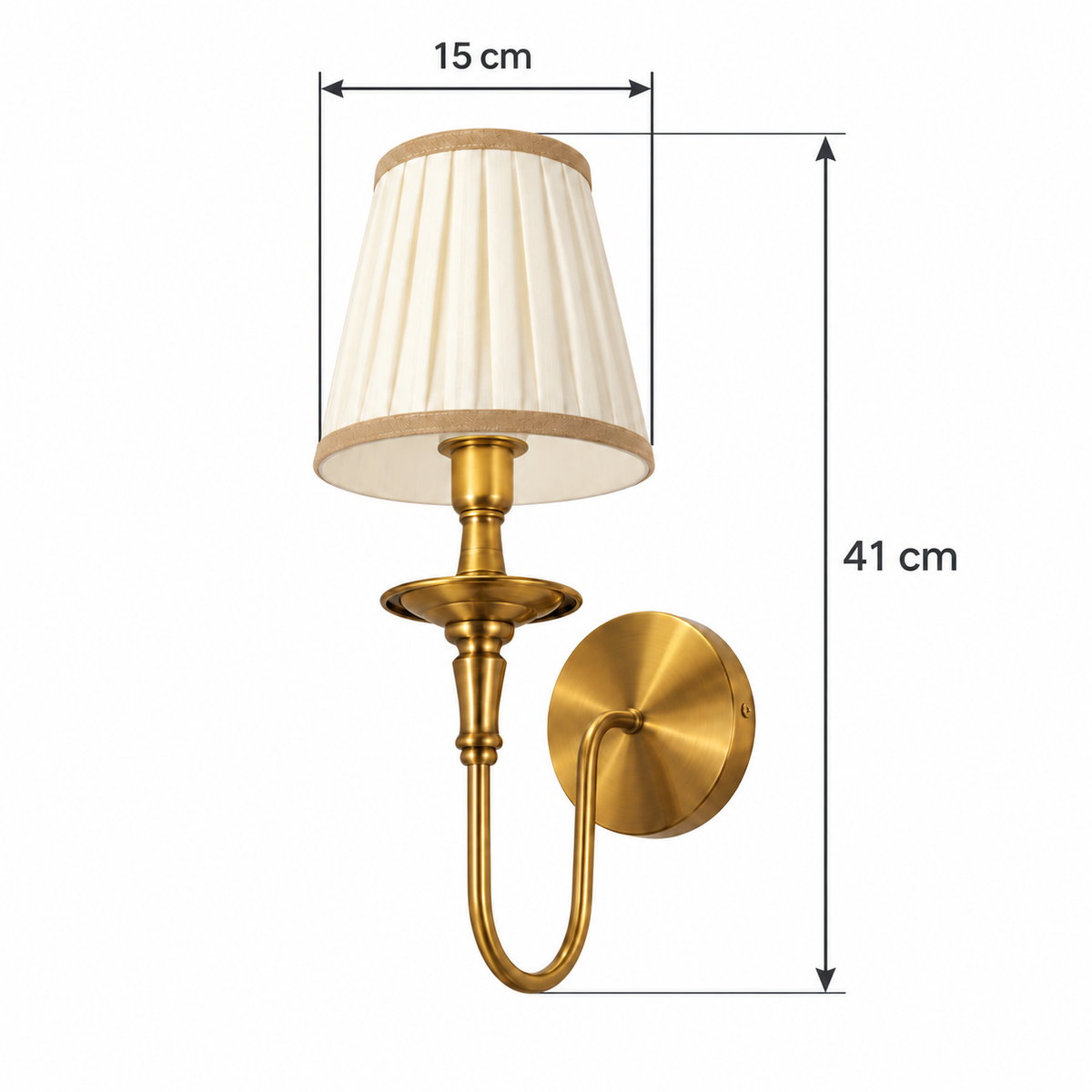 Pleated Loop Arm Wall Light dimension guide showing overall height 41 cm; shade diameter 15 cm