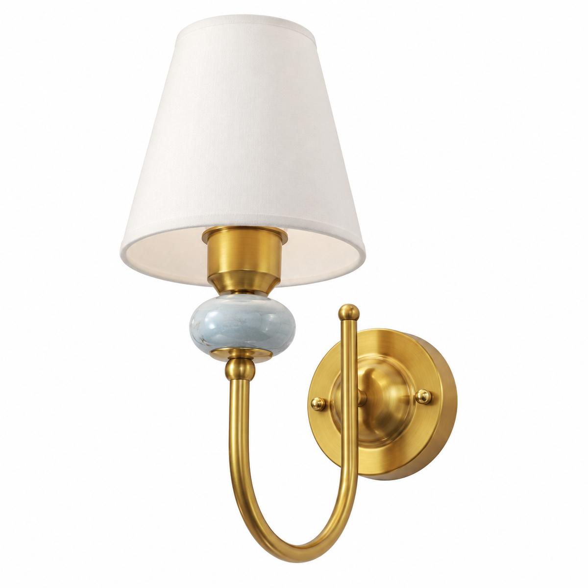White tapered shade wall light with a pale blue-grey marble accent, curved gold-tone arm and round wall plate, switched off against a white background