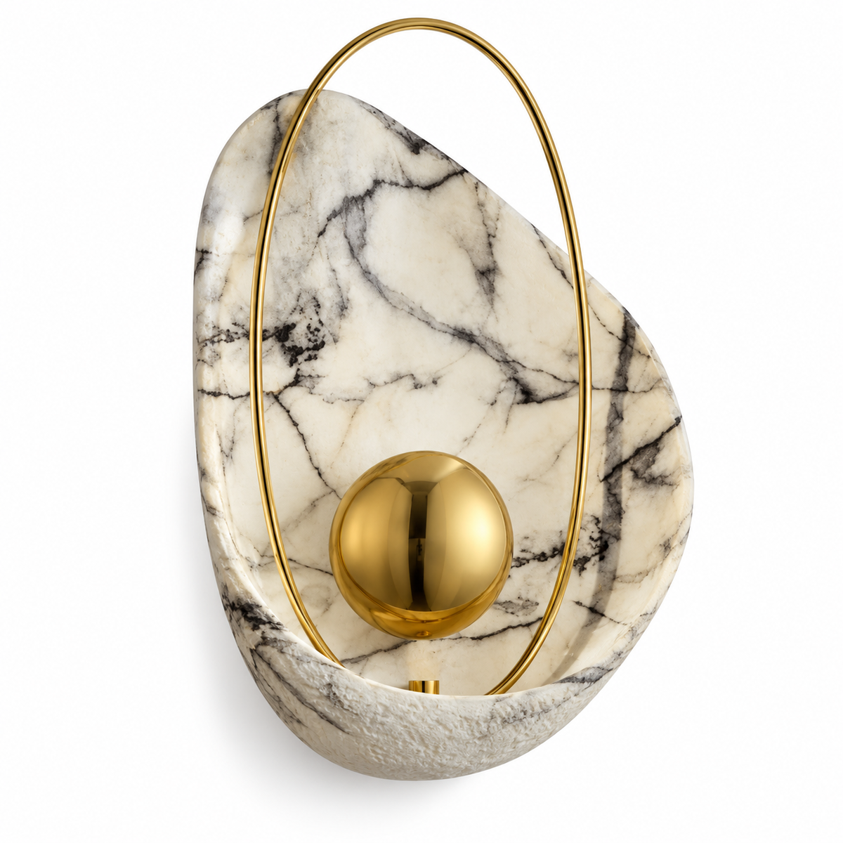 Veined Teardrop Halo Wall Light with a veined resin teardrop form, slender oval halo and gold-tone centre, shown switched off against a white background