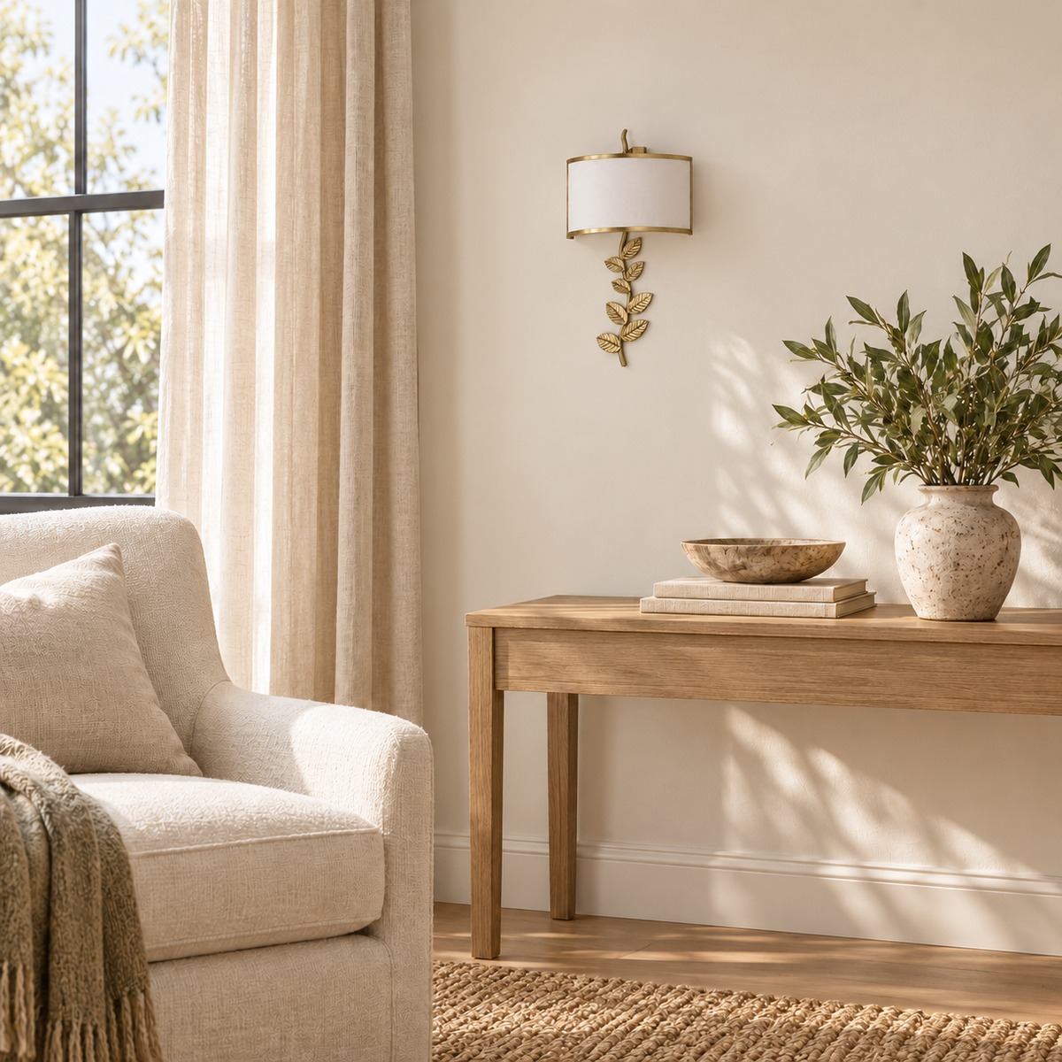 Botanical Leaf Shade Wall Light above a wood console beside an upholstered armchair in daylight, switched off