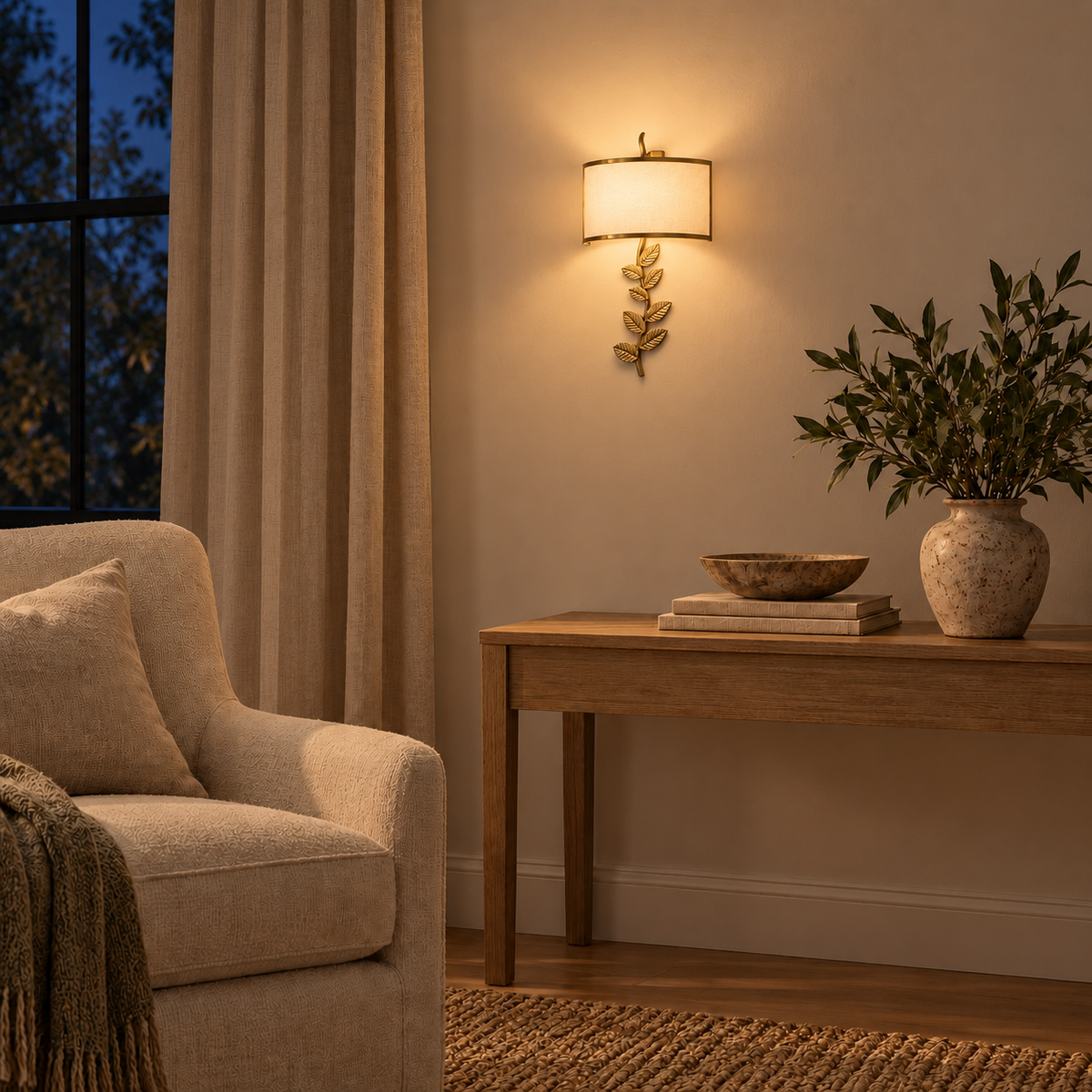 Botanical Leaf Shade Wall Light above a wood console beside an upholstered armchair at night, illuminated