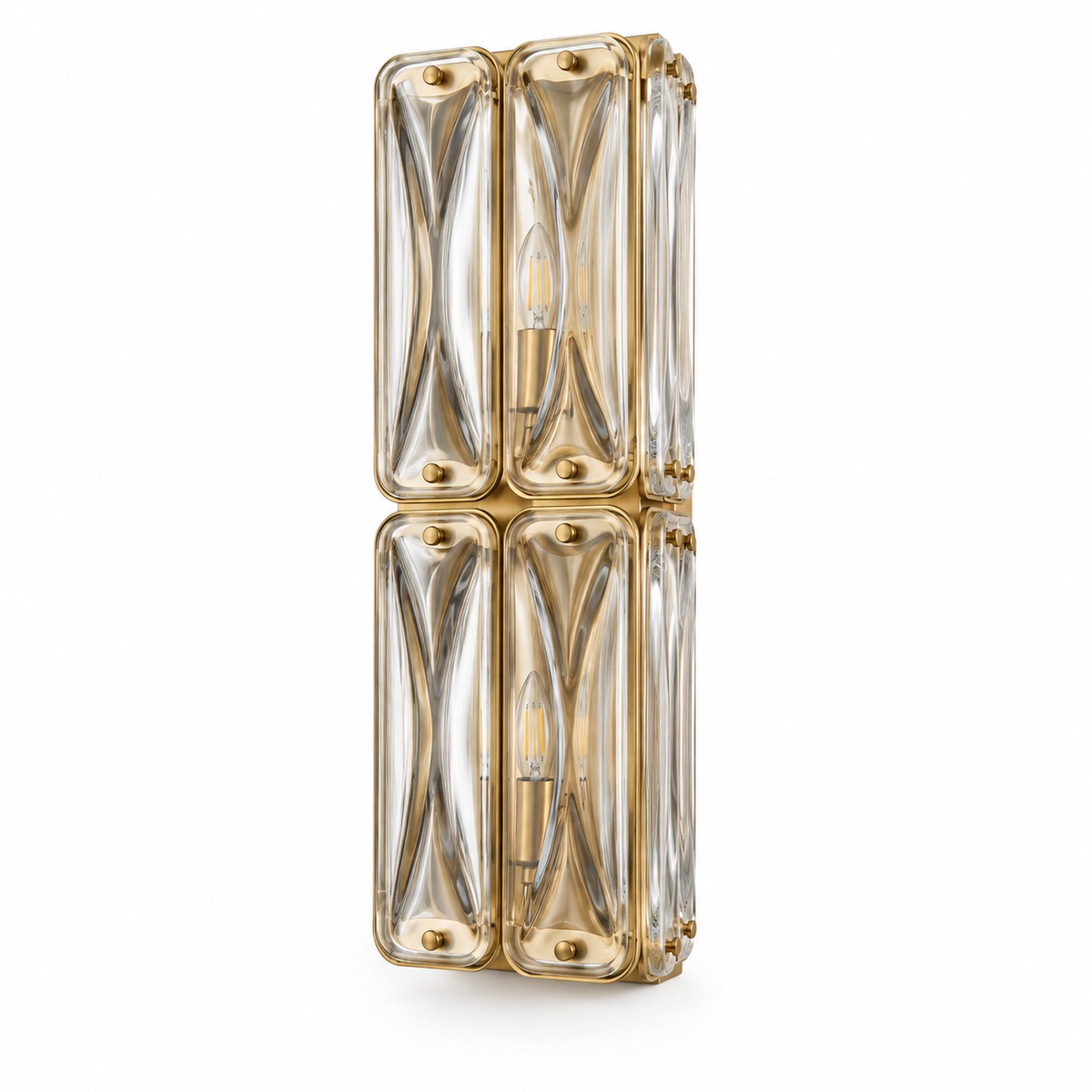Double Tier Sculpted Glass Wall Light with two stacked tiers of sculpted clear glass with gold-tone borders and rounded fasteners, shown switched off against a white background