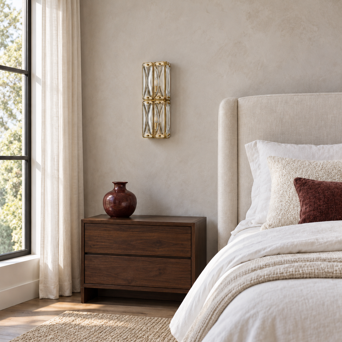 Double Tier Sculpted Glass Wall Light switched off above a dark wooden bedside table next to an upholstered bed in daylight