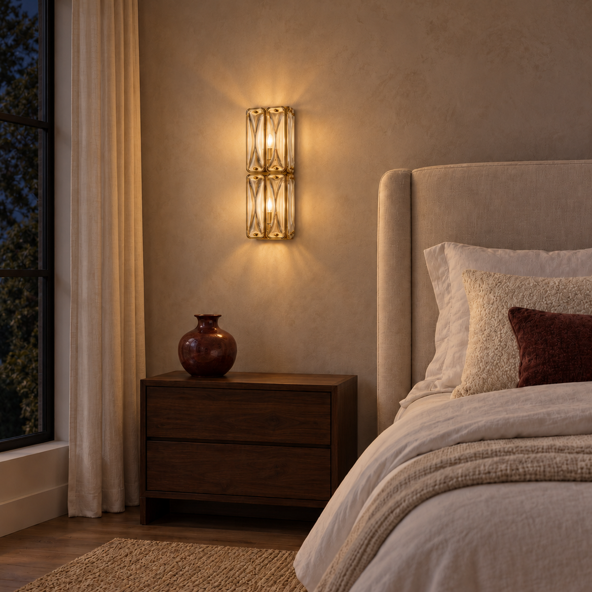 Double Tier Sculpted Glass Wall Light illuminated above a dark wooden bedside table next to an upholstered bed at night