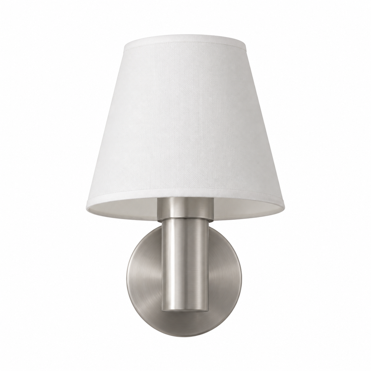 Off-white tapered shade wall light with a satin-finish cylindrical stem and round silver-tone wall plate, switched off against a white background