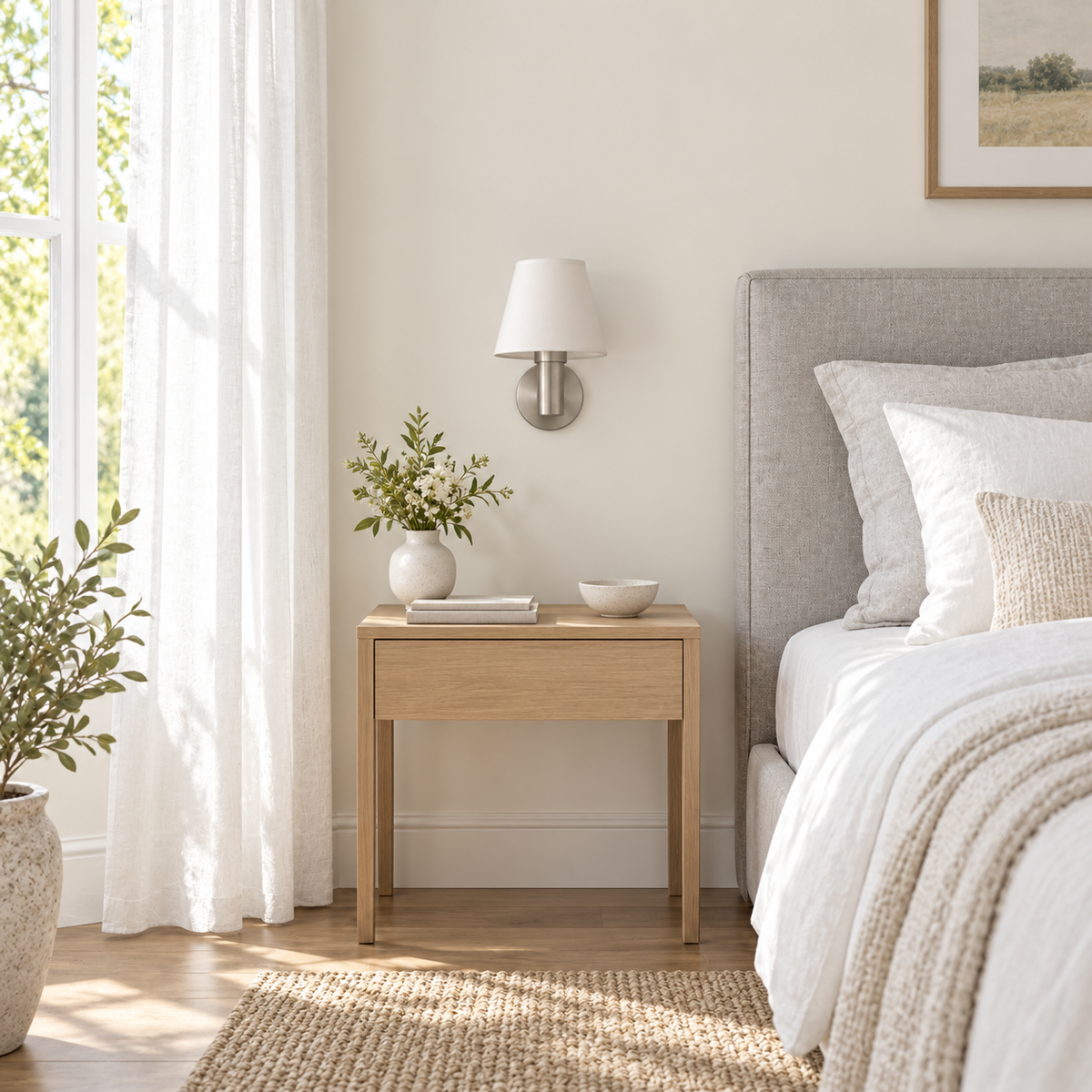 Satin Stem Off-White Shade Wall Light above a wood bedside table beside an upholstered bed in daylight, switched off