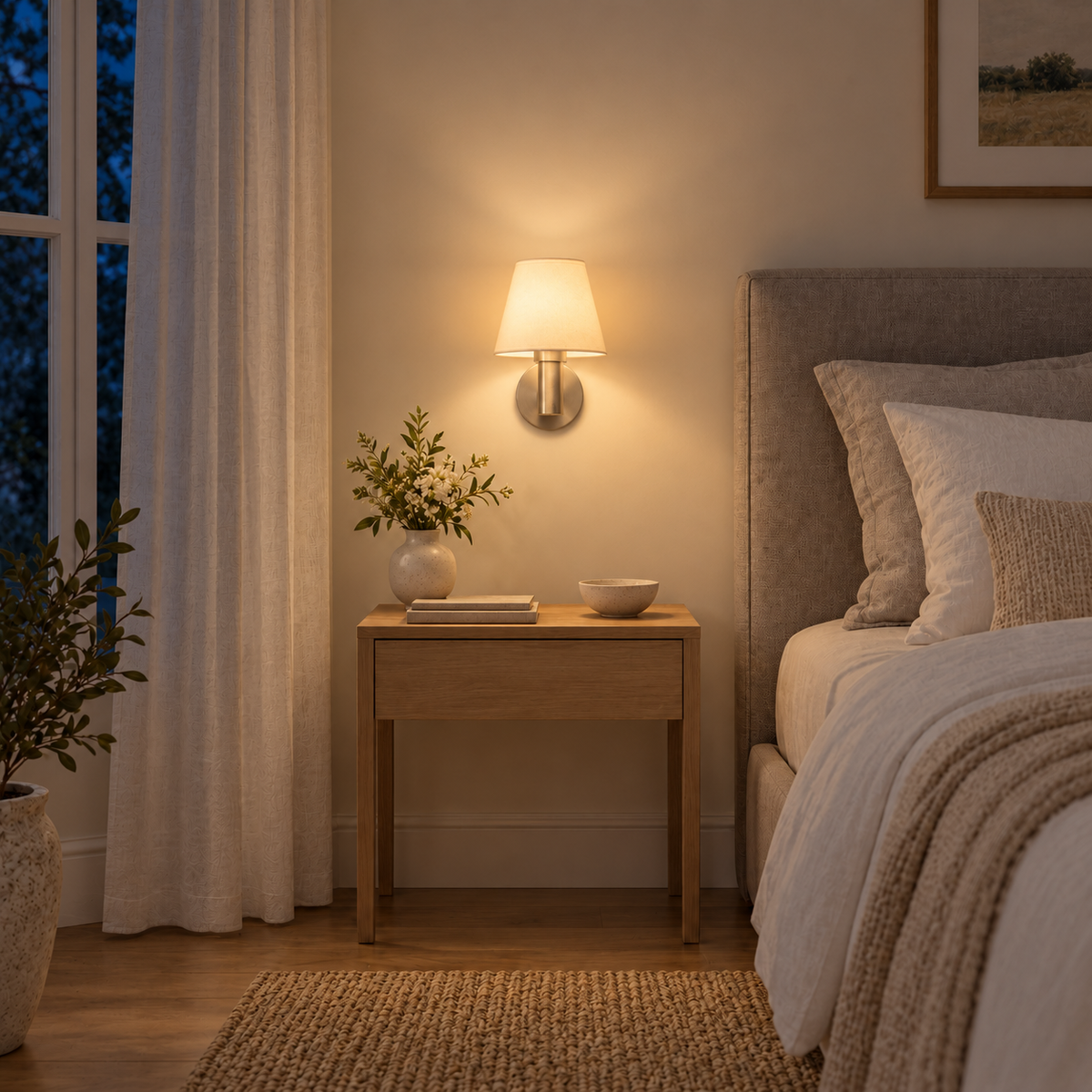 Satin Stem Off-White Shade Wall Light above a wood bedside table beside an upholstered bed at night, illuminated