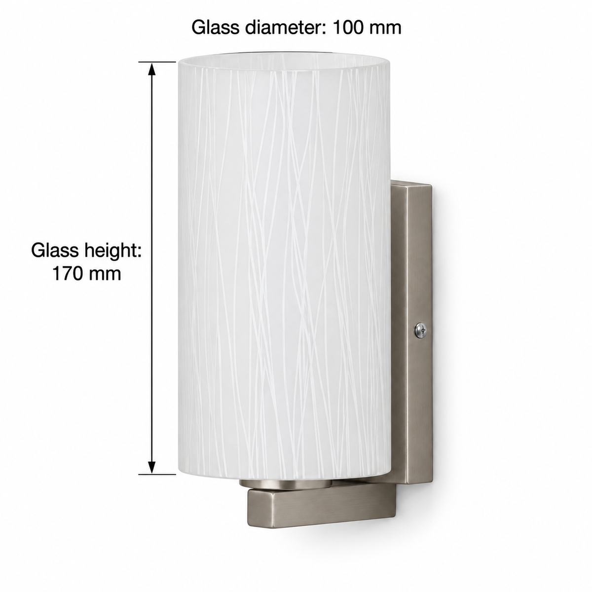 Fine line glass satin wall light dimension guide stating glass diameter 100 mm and showing glass-only height 170 mm