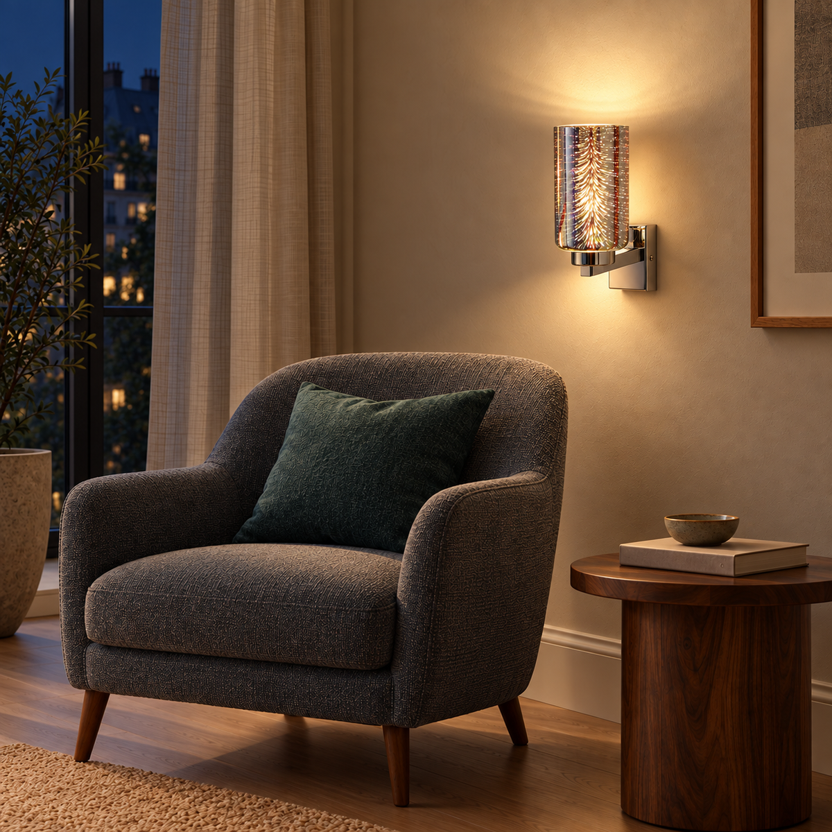Silver Patterned Glass Wall Light above a side table beside a dark upholstered armchair at night, illuminated