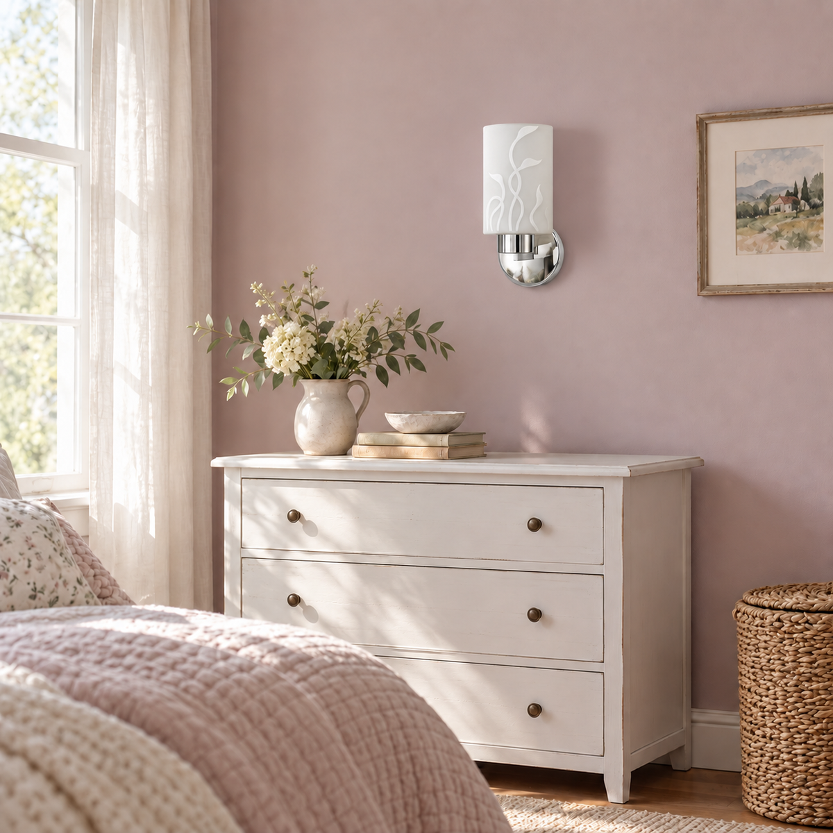 Leaf Vine Glass Cylinder Wall Light above a white chest of drawers beside a bed in daylight, switched off