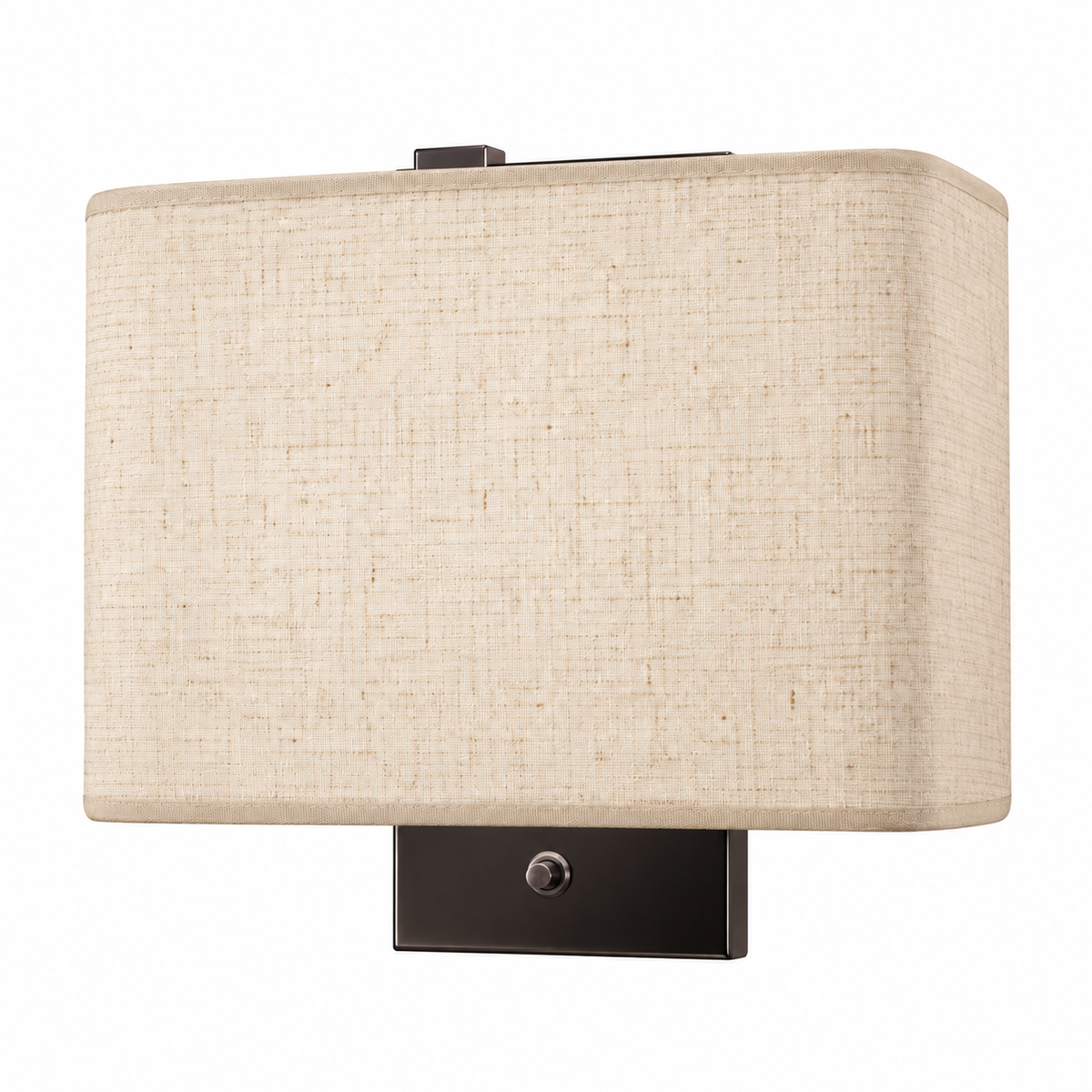 Pale rectangular shade wall light with a dark steel base and a small switch beneath the shade, switched off against a white background