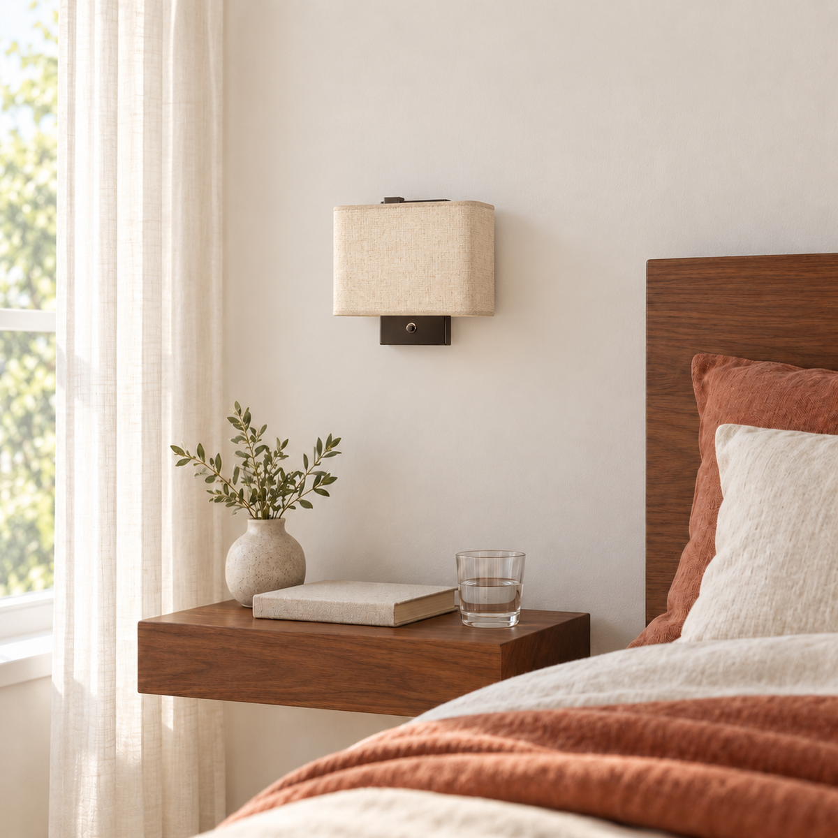 Rectangular Shade Switch Wall Light above a wood bedside table beside a wood headboard in daylight, switched off