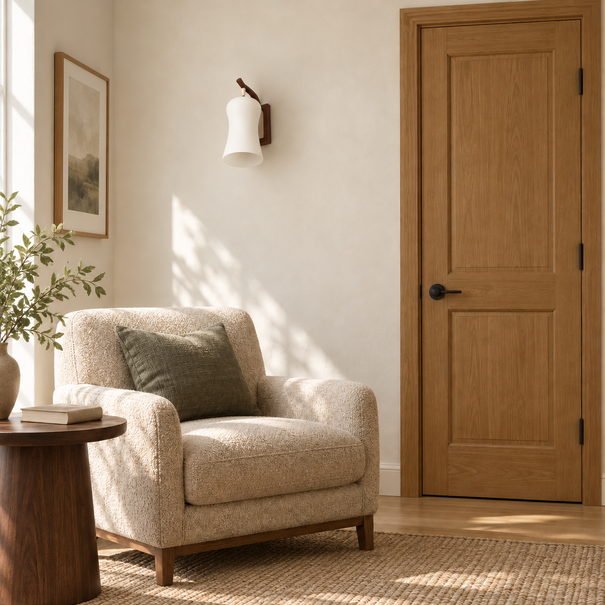 White Bell Shade and Wood Frame Wall Light switched off in a daylight interior setting.
