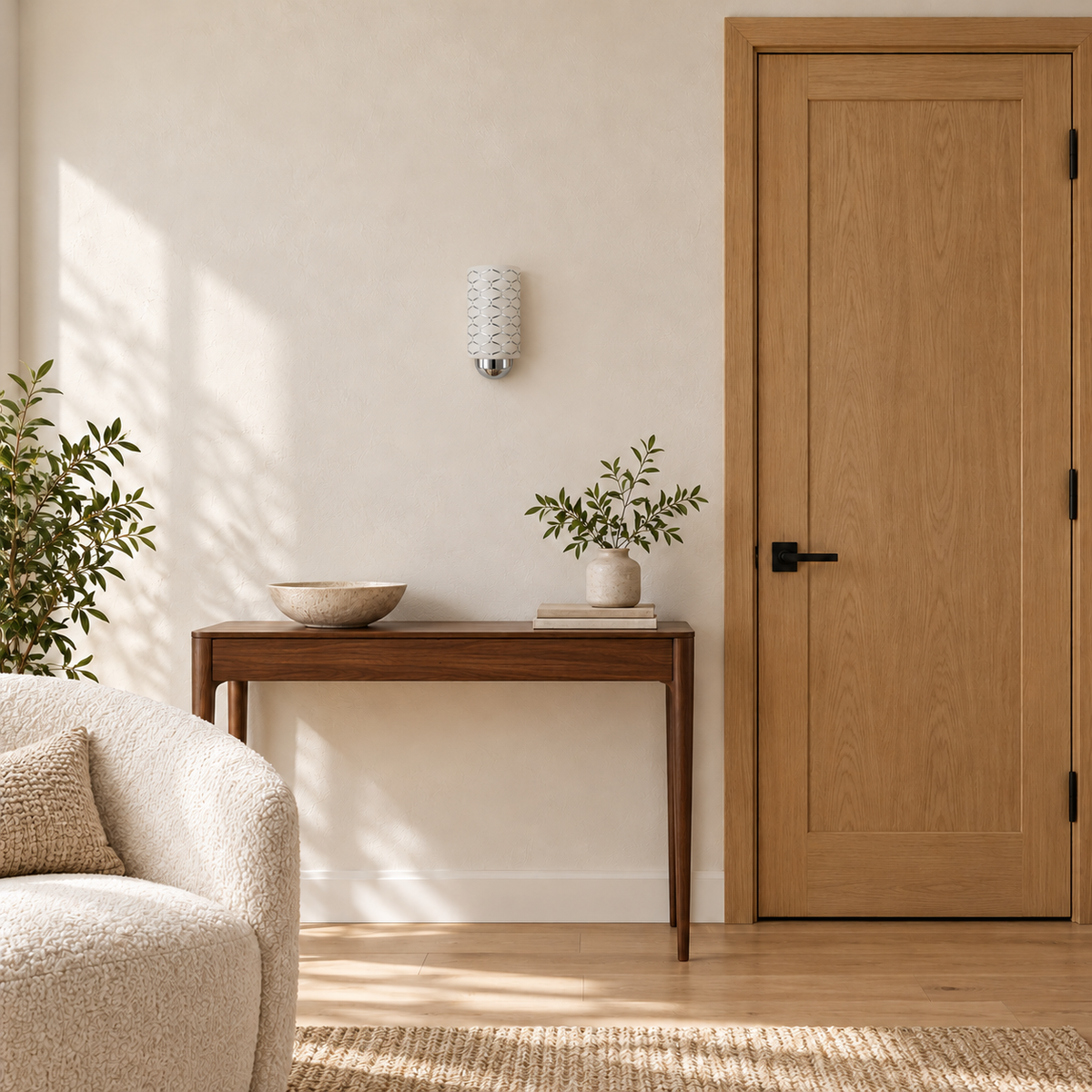 Honeycomb Pattern White Cylinder Wall Light switched off in a daylight interior setting.