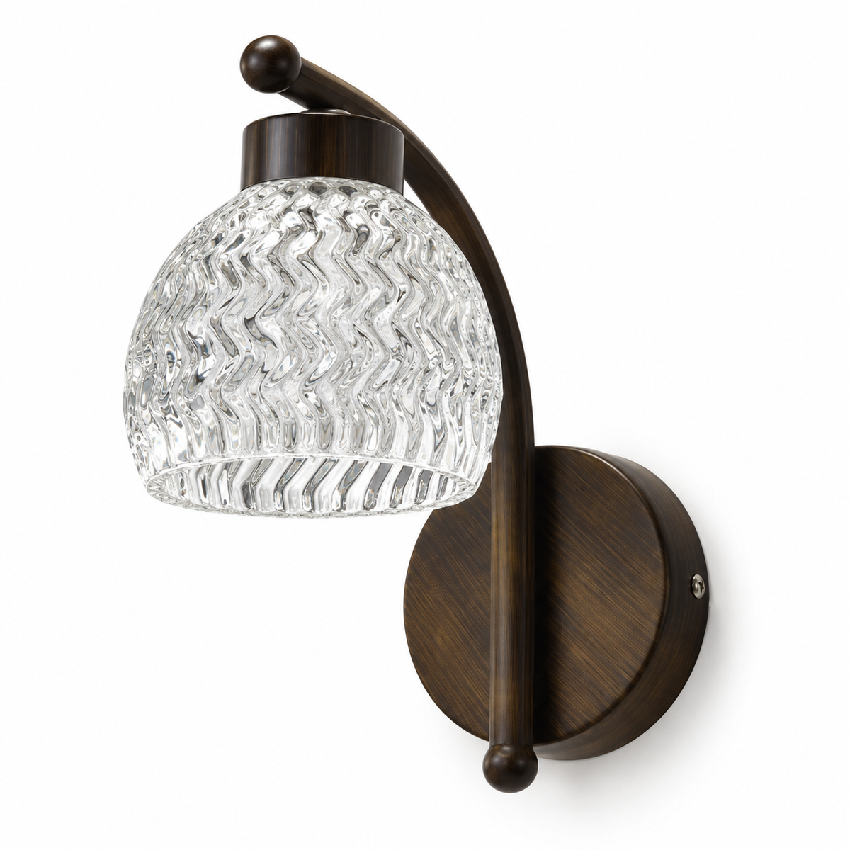 Clear textured bell-shaped glass wall light with a curved dark arm and round dark-wood backplate, switched off against a white background