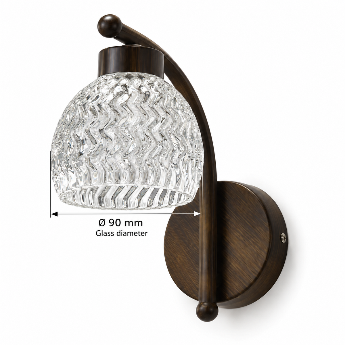 Textured glass dark wood wall light dimension guide showing 90 mm glass shade diameter