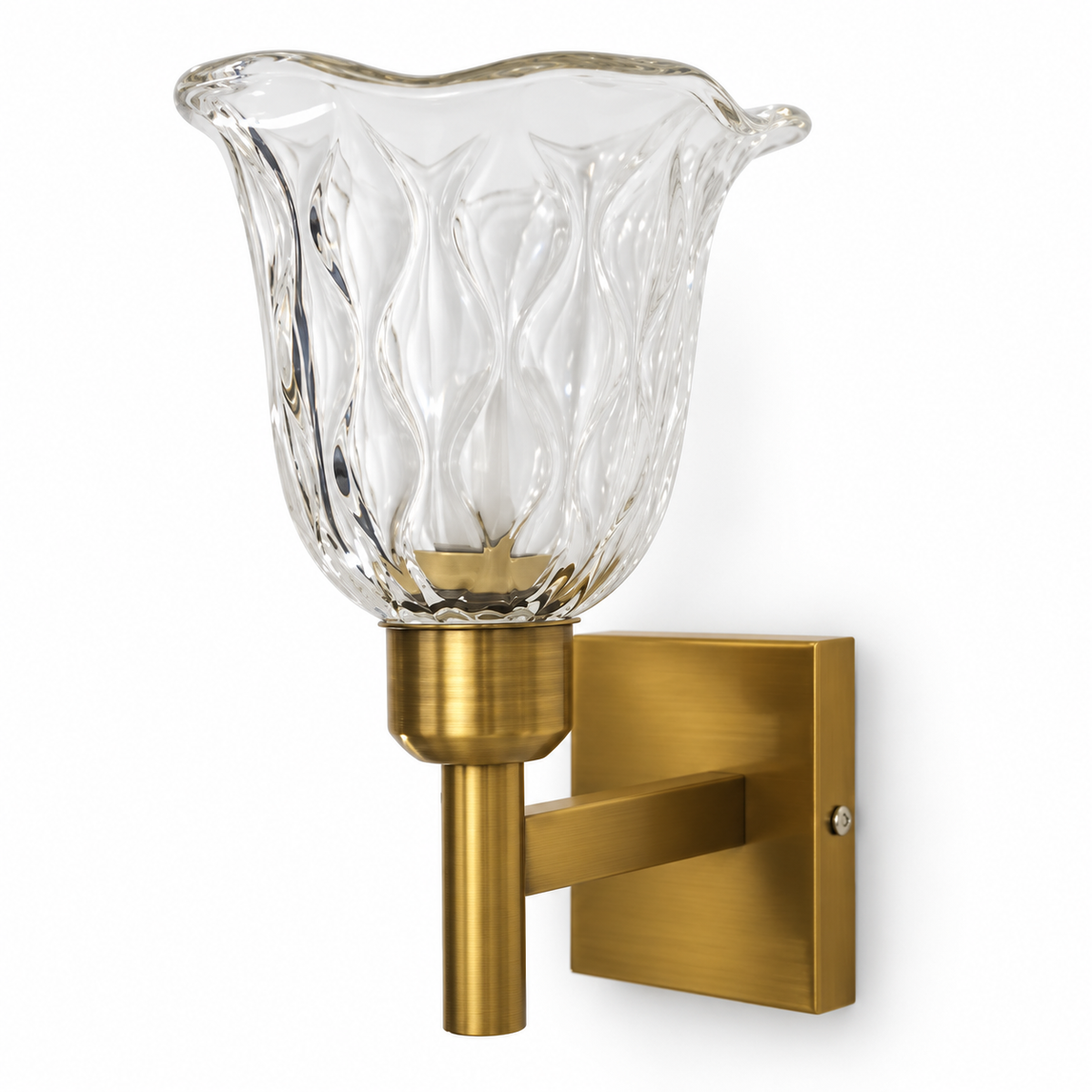 Scalloped Clear Glass Cup Wall Light switched off in a studio view against a plain background.