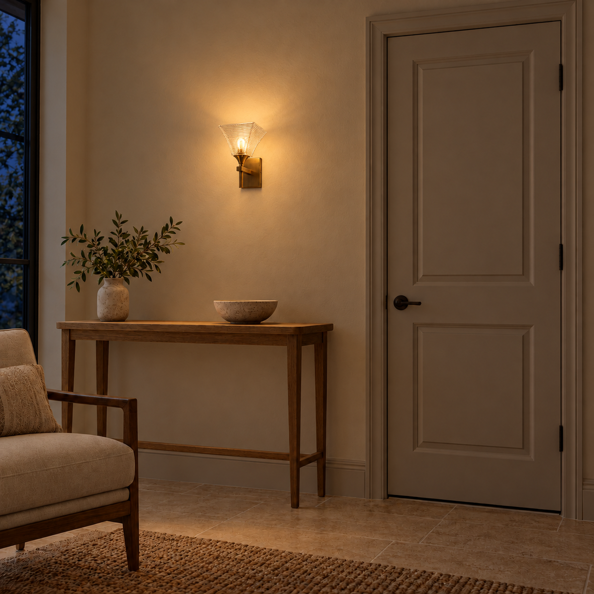 Square Flared Ribbed Glass Wall Light illuminated in a night-time interior setting.