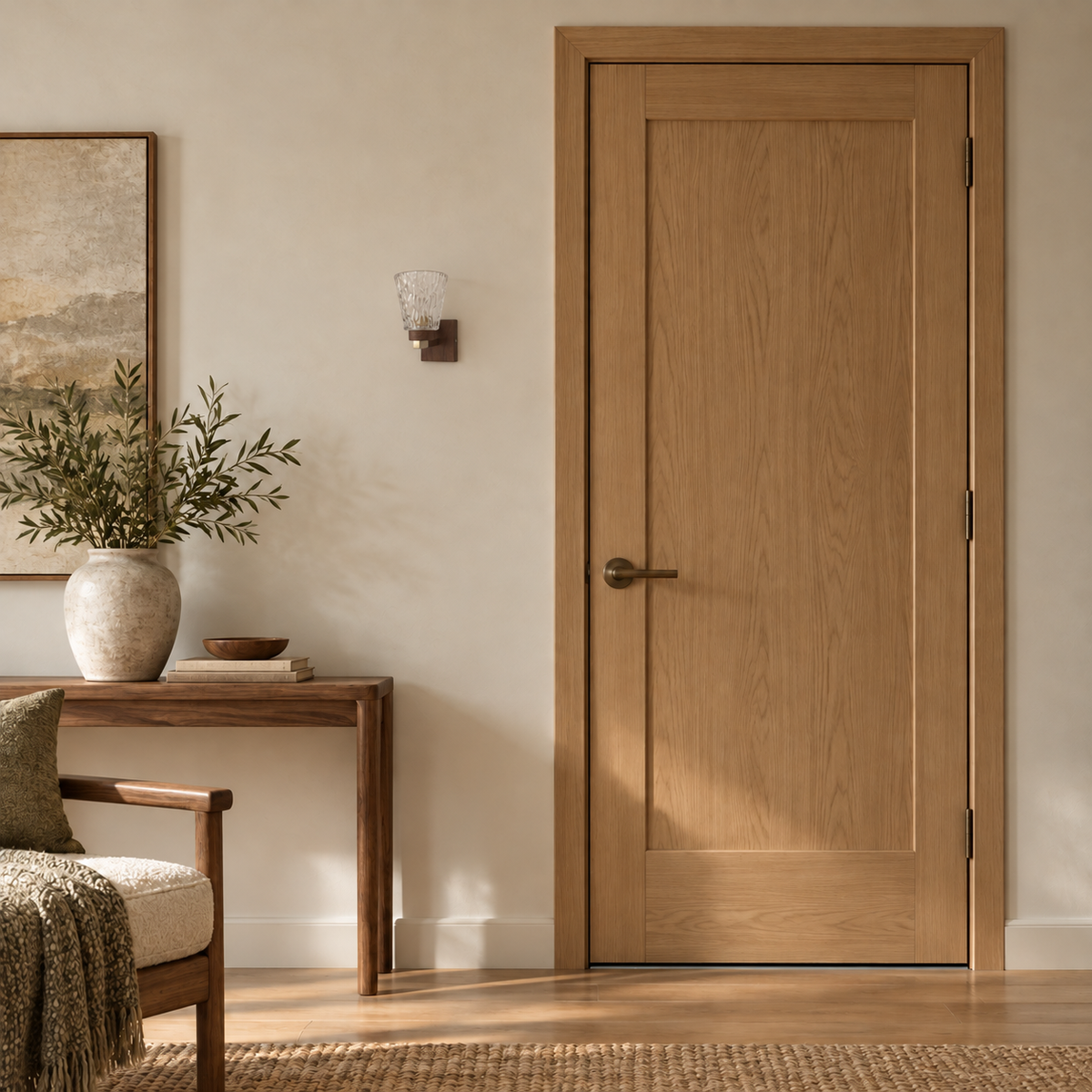 Dark Wood and Textured Glass Cup Wall Light switched off in a daylight interior setting.