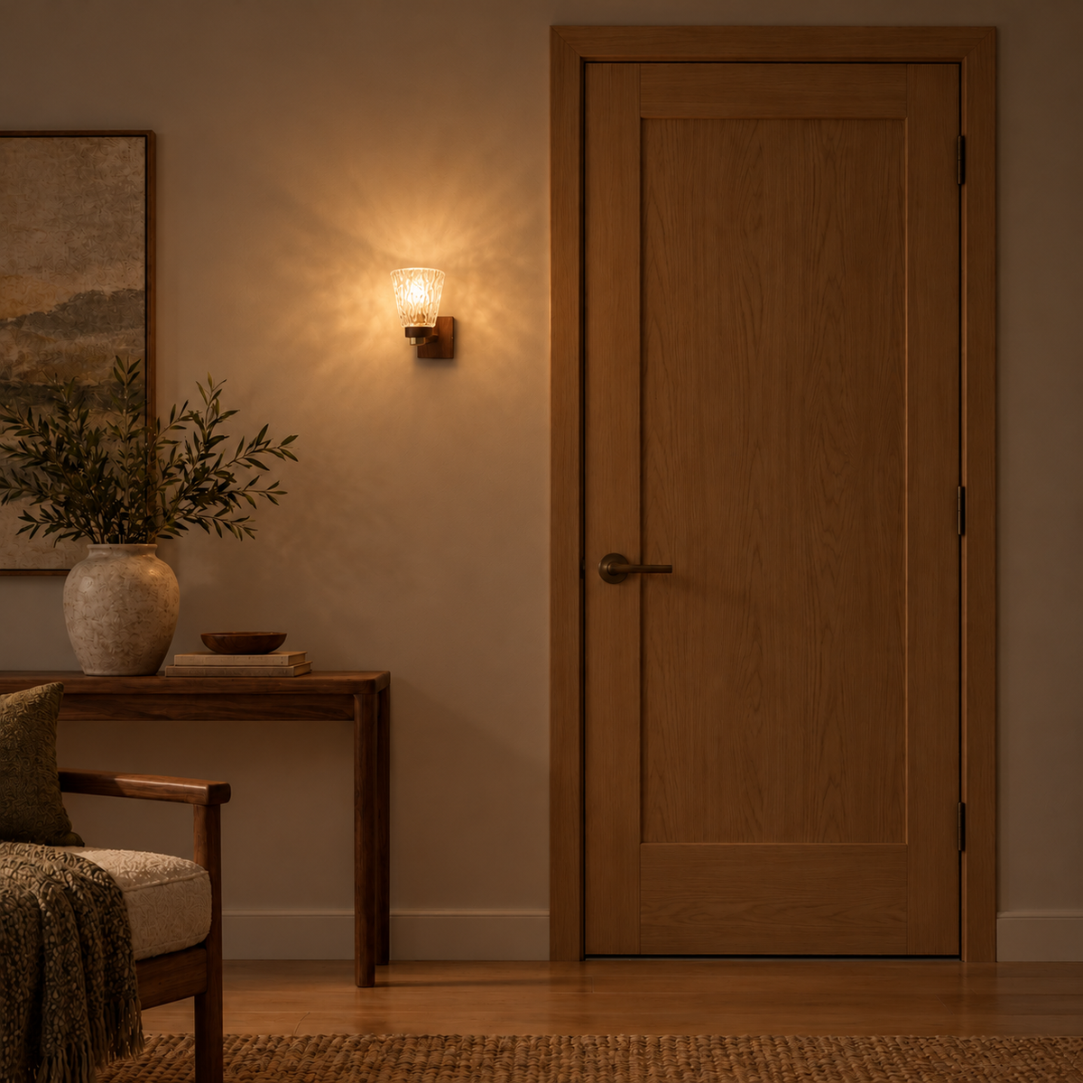 Dark Wood and Textured Glass Cup Wall Light illuminated in a night-time interior setting.