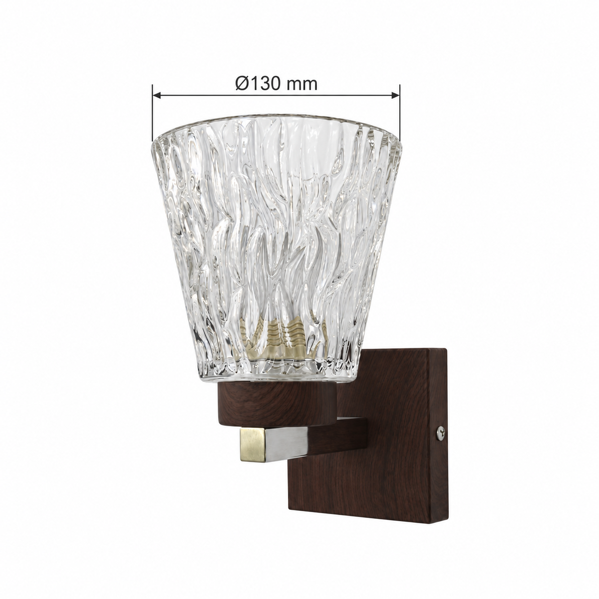 Dark Wood and Textured Glass Cup Wall Light dimension diagram showing 130 mm glass rim diameter.