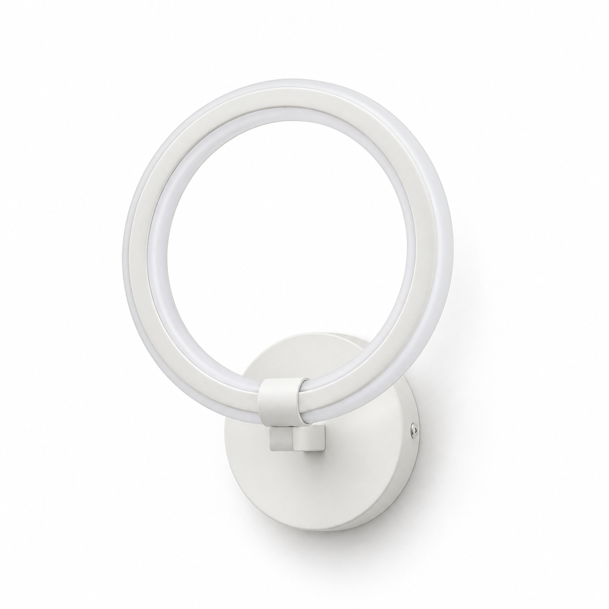 Circular halo ring wall light with a white body and round lower backplate, switched off on a white background.