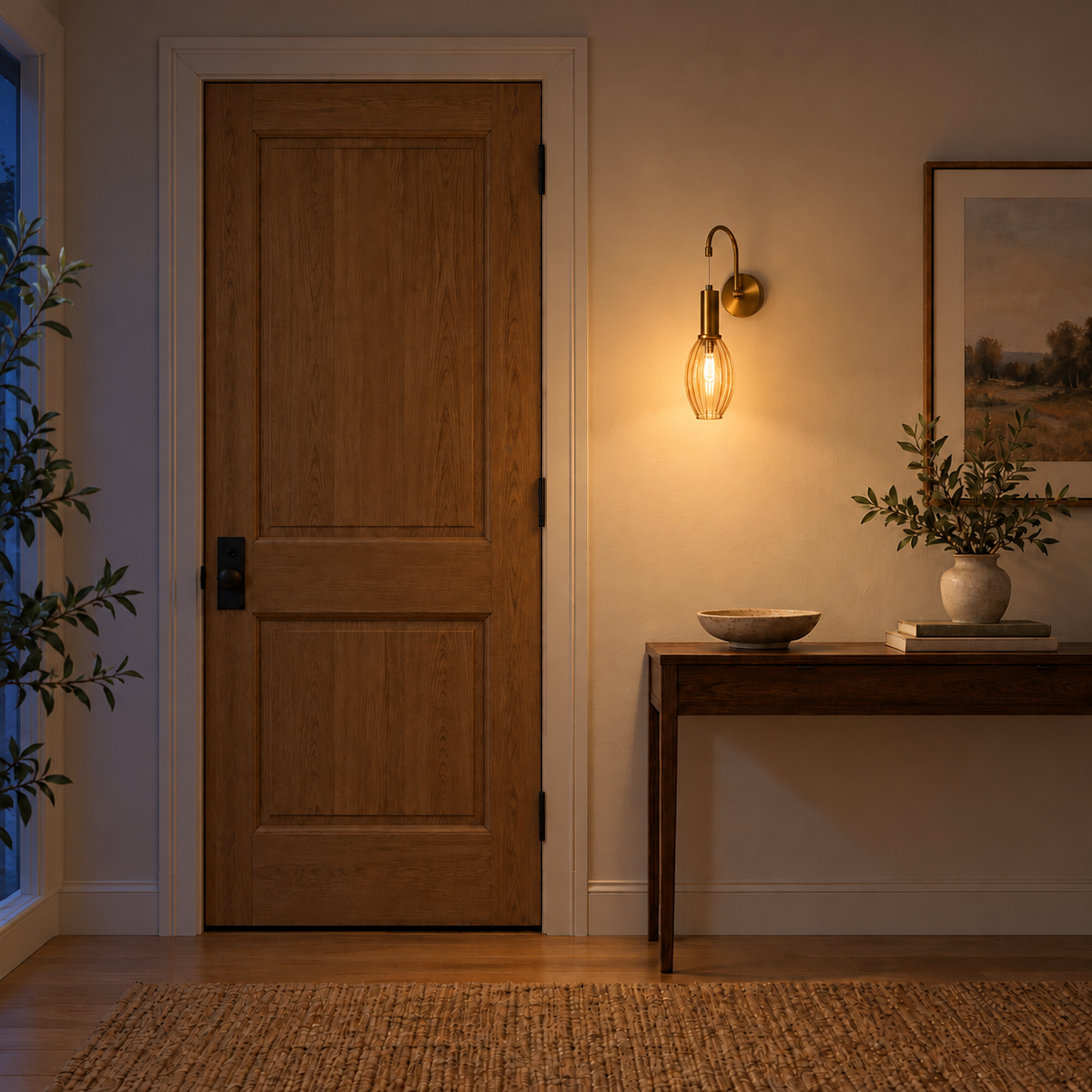 Ribbed Amber Drop Gooseneck Wall Light illuminated in a night-time interior setting.