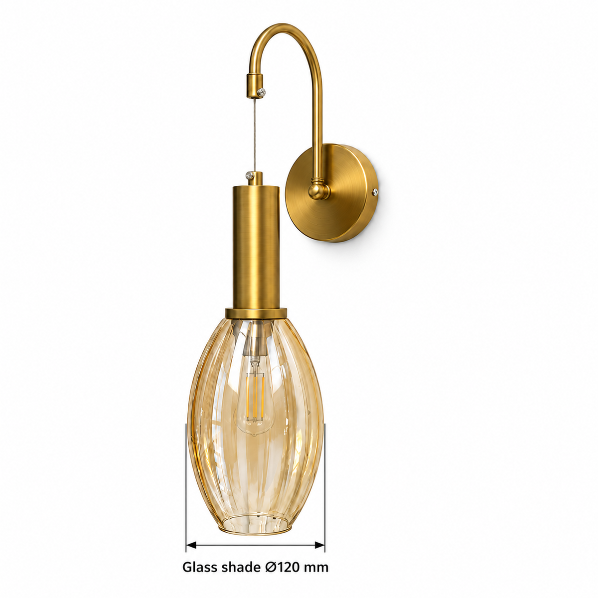 Ribbed Amber Drop Gooseneck Wall Light dimension diagram showing 120 mm glass shade diameter.