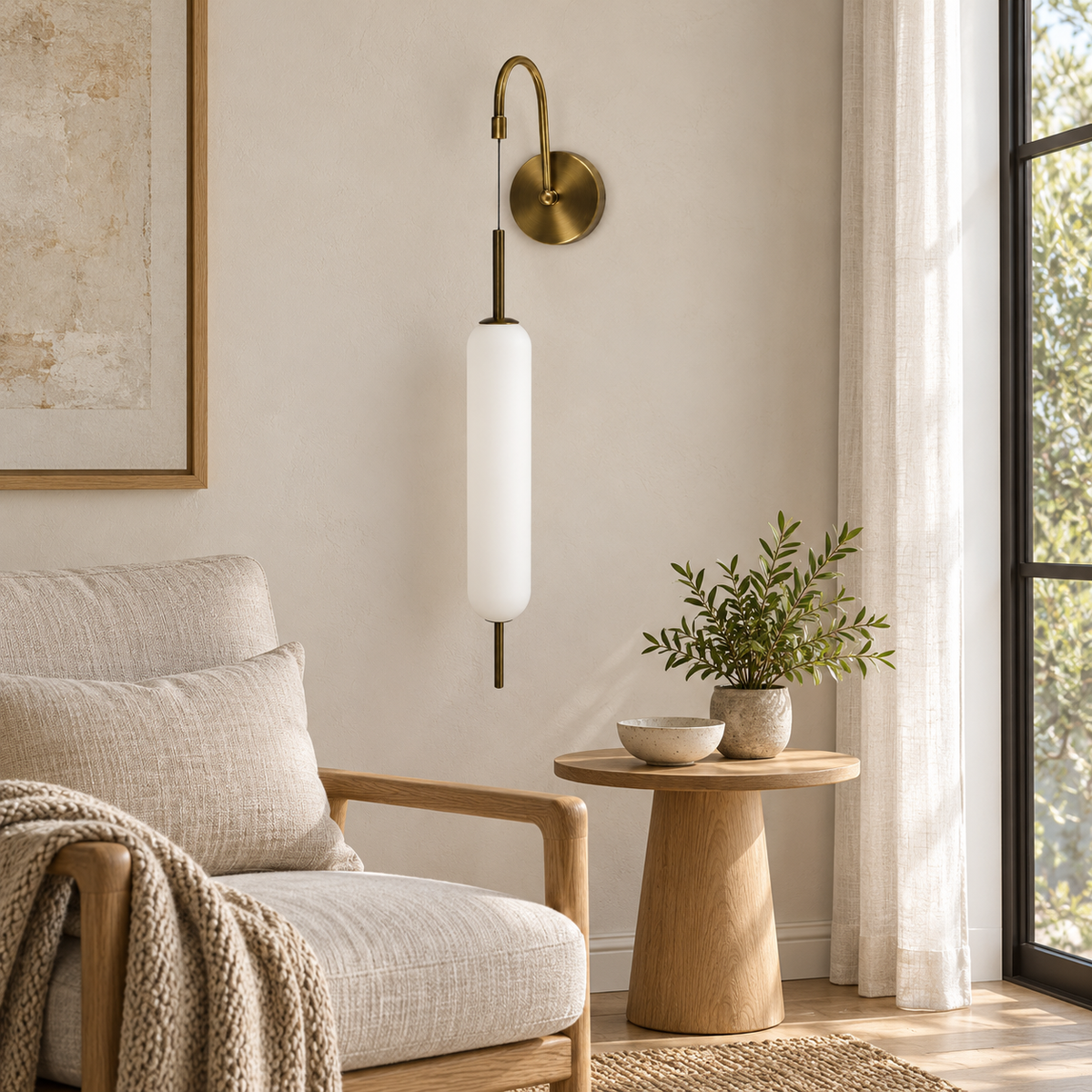 White Capsule Gooseneck Wall Light switched off in a daylight interior setting.