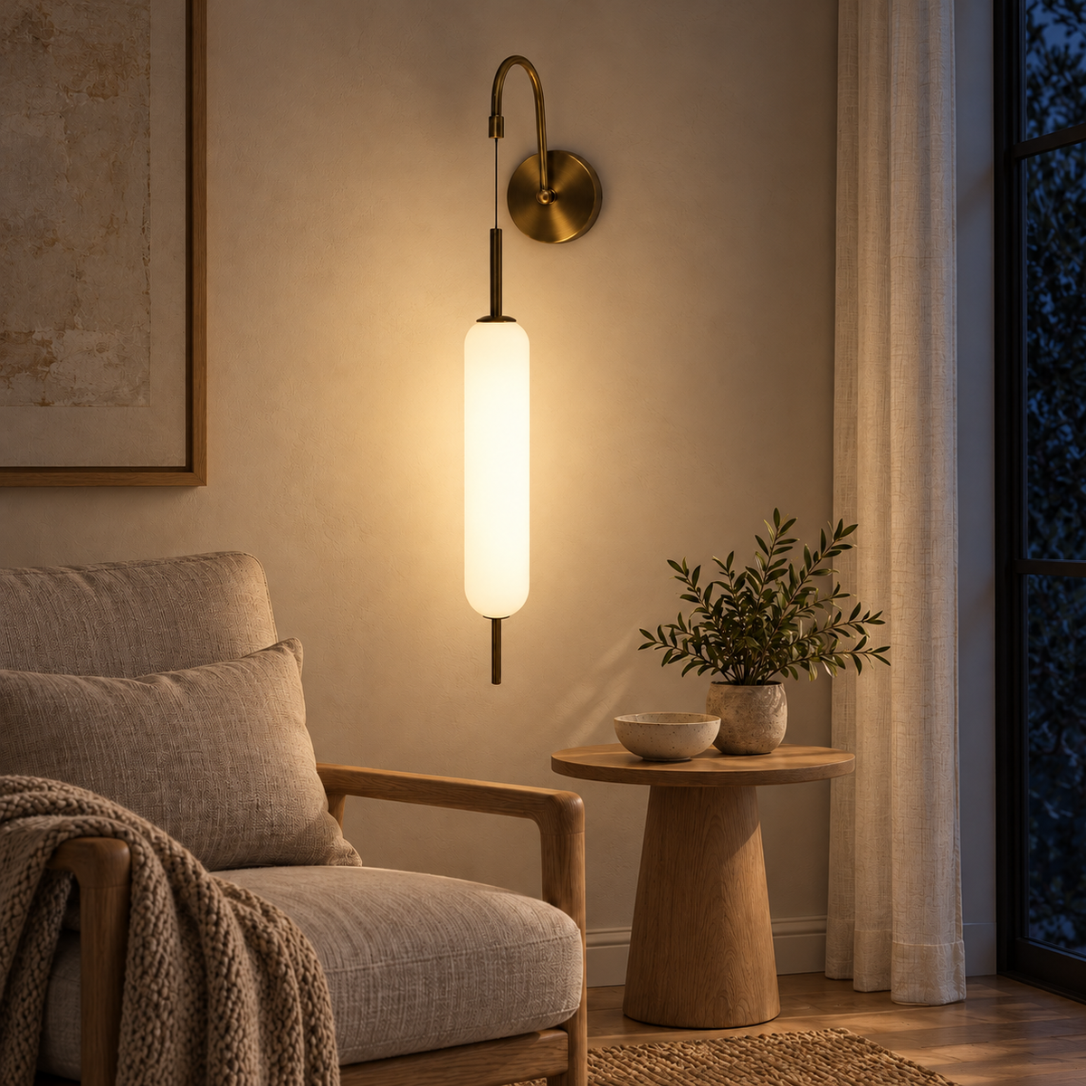White Capsule Gooseneck Wall Light illuminated in a night-time interior setting.