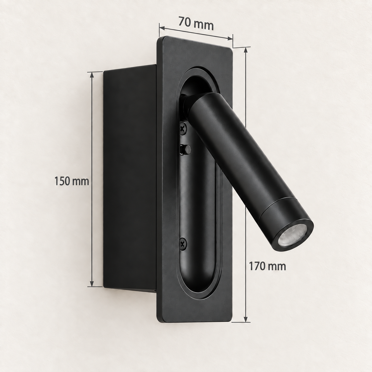 Black recessed cylindrical reading wall light showing 70 mm faceplate width, 170 mm faceplate height and 150 mm rear-box height