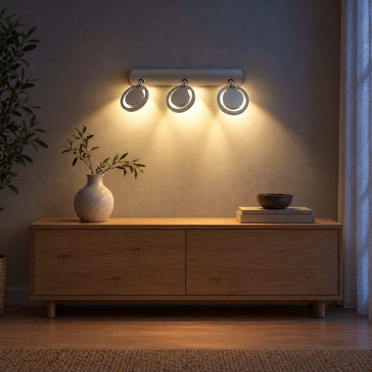 Silver-Toned Ring 3-Spot Picture Light illuminated in the same residential interior at night