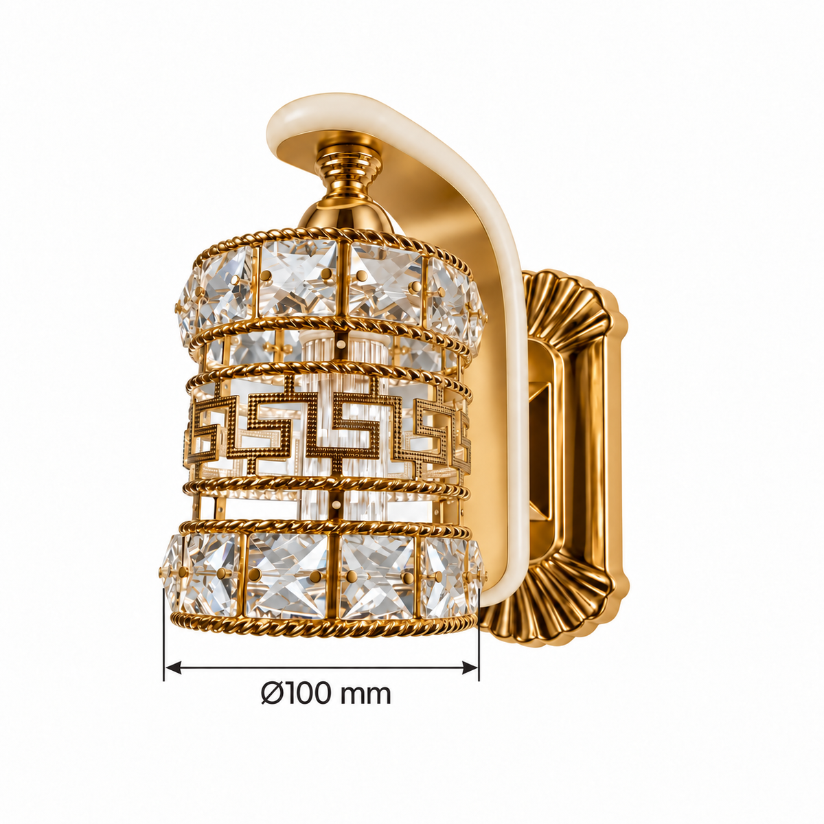 Greek key crystal lantern wall light dimension diagram showing lantern diameter 100 mm.