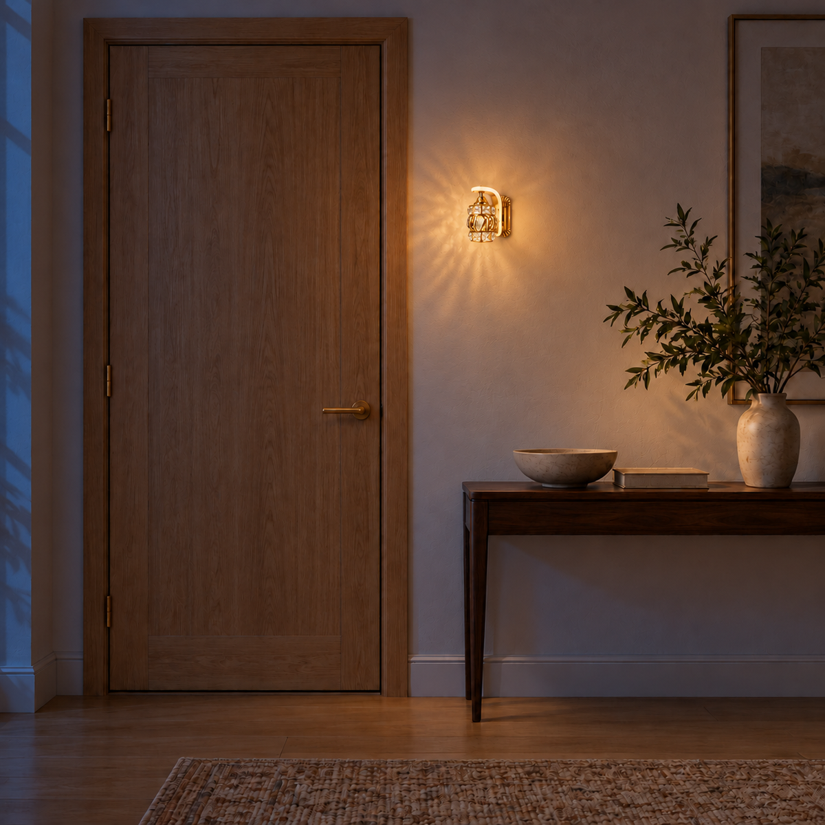 Twisted rib crystal lantern wall light, illuminated in a nighttime interior setting.
