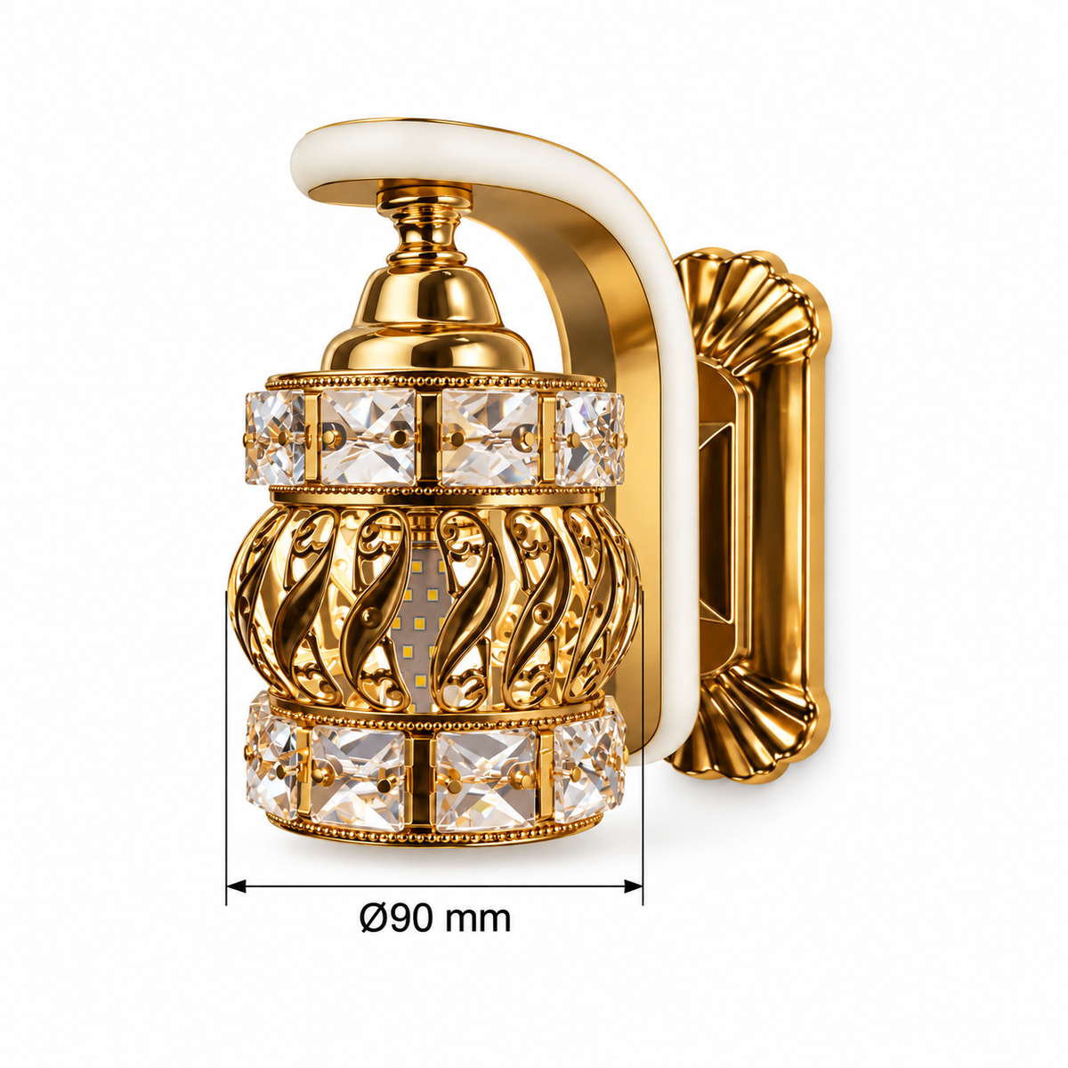 Twisted rib crystal lantern wall light dimension diagram showing lantern maximum diameter 90 mm.