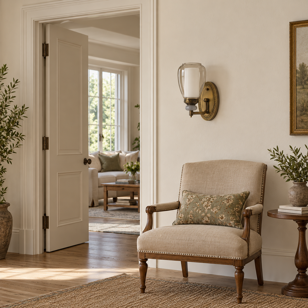 Tea glass oval-backplate wall light switched off above an upholstered chair beside an open doorway in daylight.