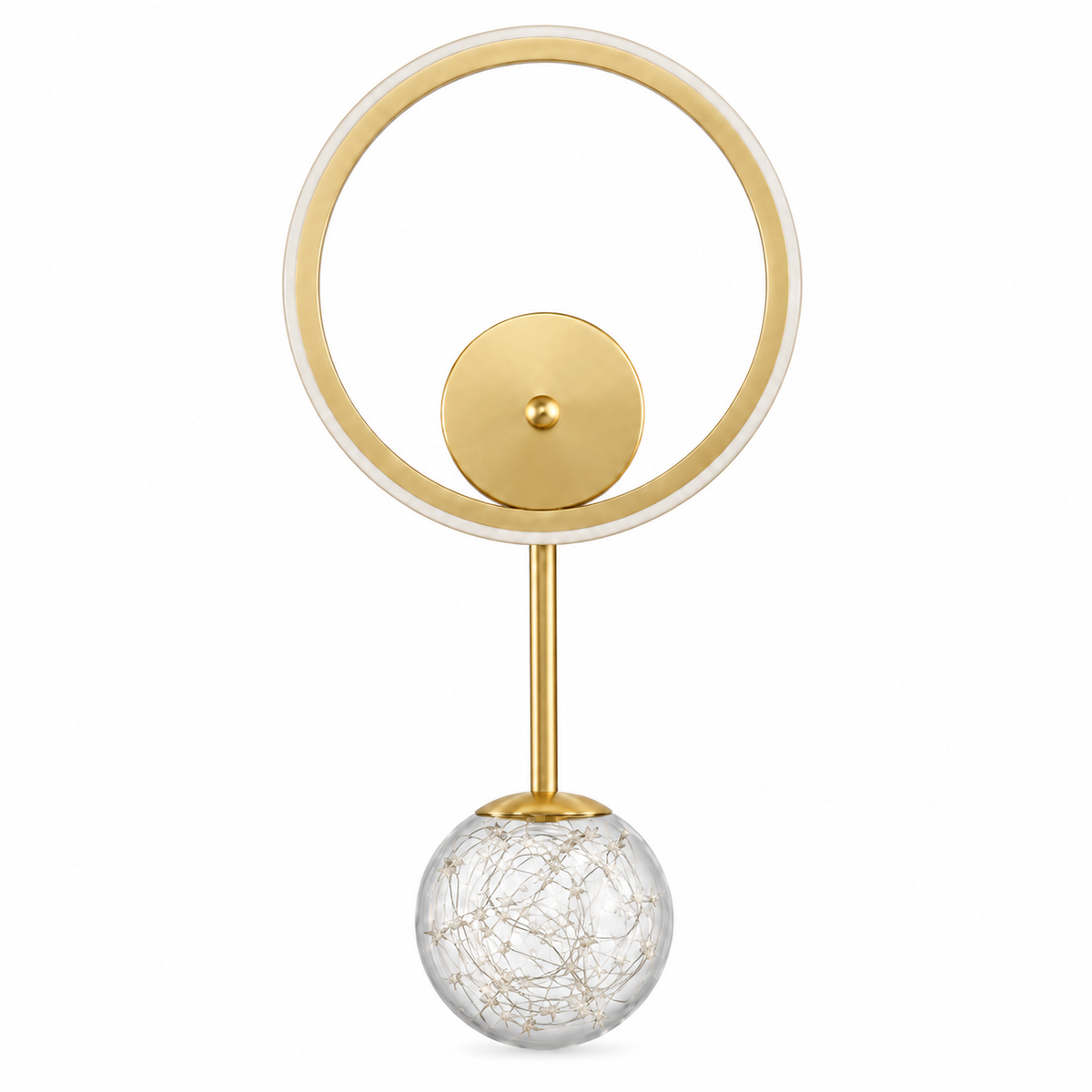 Halo Ring and Starlit Glass Globe Wall Light switched off in a studio view against a plain background.