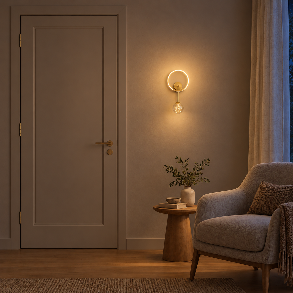Halo Ring and Starlit Glass Globe Wall Light illuminated in a night-time interior setting.