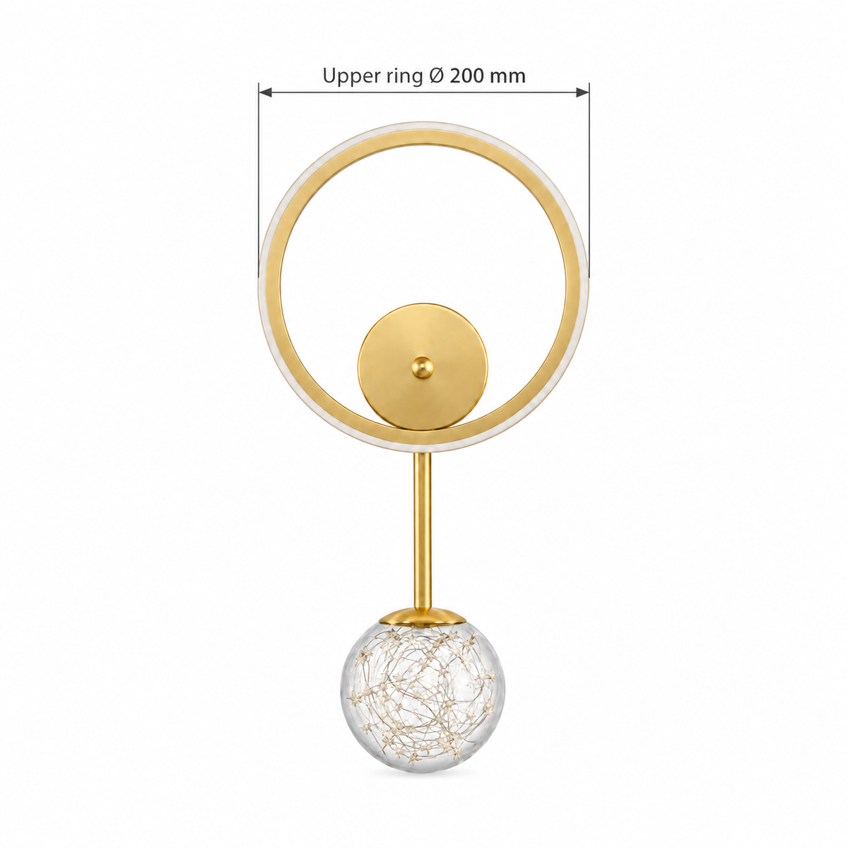 Halo Ring and Starlit Glass Globe Wall Light dimension diagram showing 200 mm upper ring diameter.