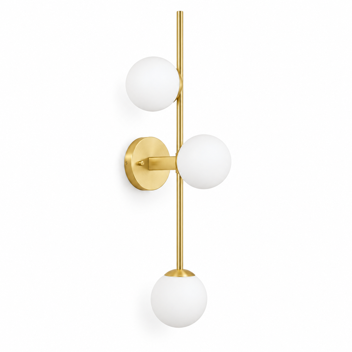 Three-Globe Stem Wall Light with three white glass globes on a slender gold-tone stem, shown switched off against a white background