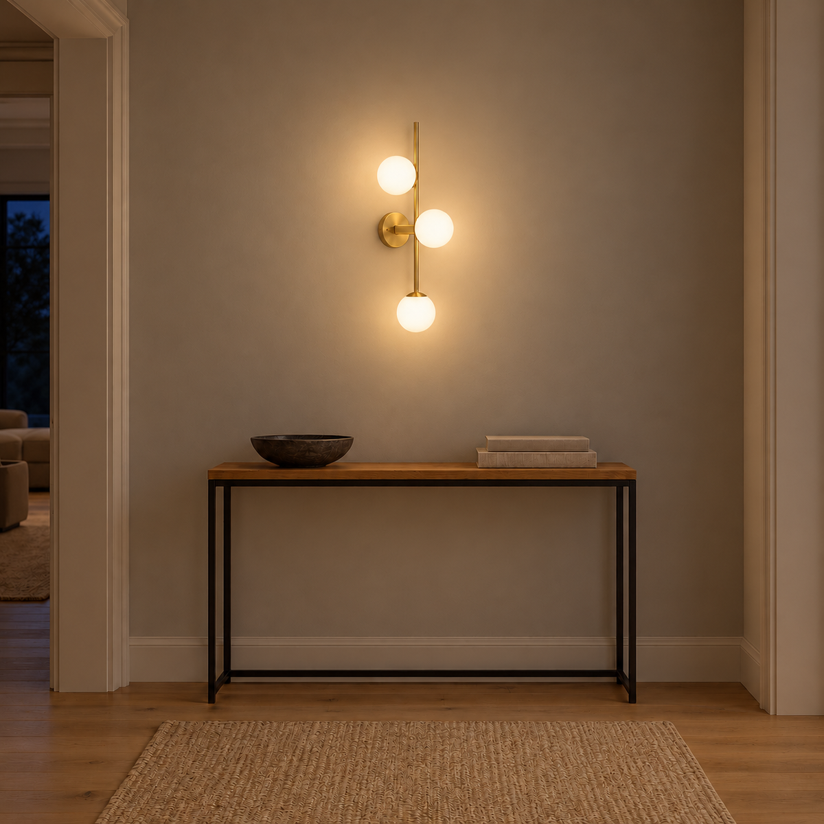 Three-Globe Stem Wall Light illuminated in a night-time interior