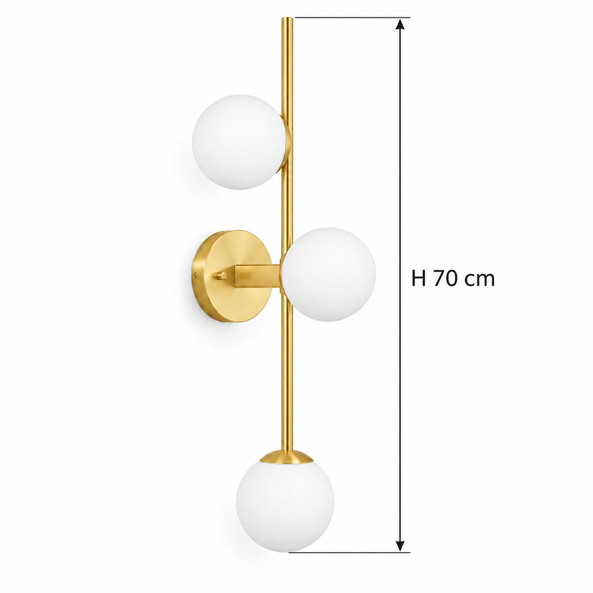 Three-Globe Stem Wall Light dimension guide showing overall height 70 cm