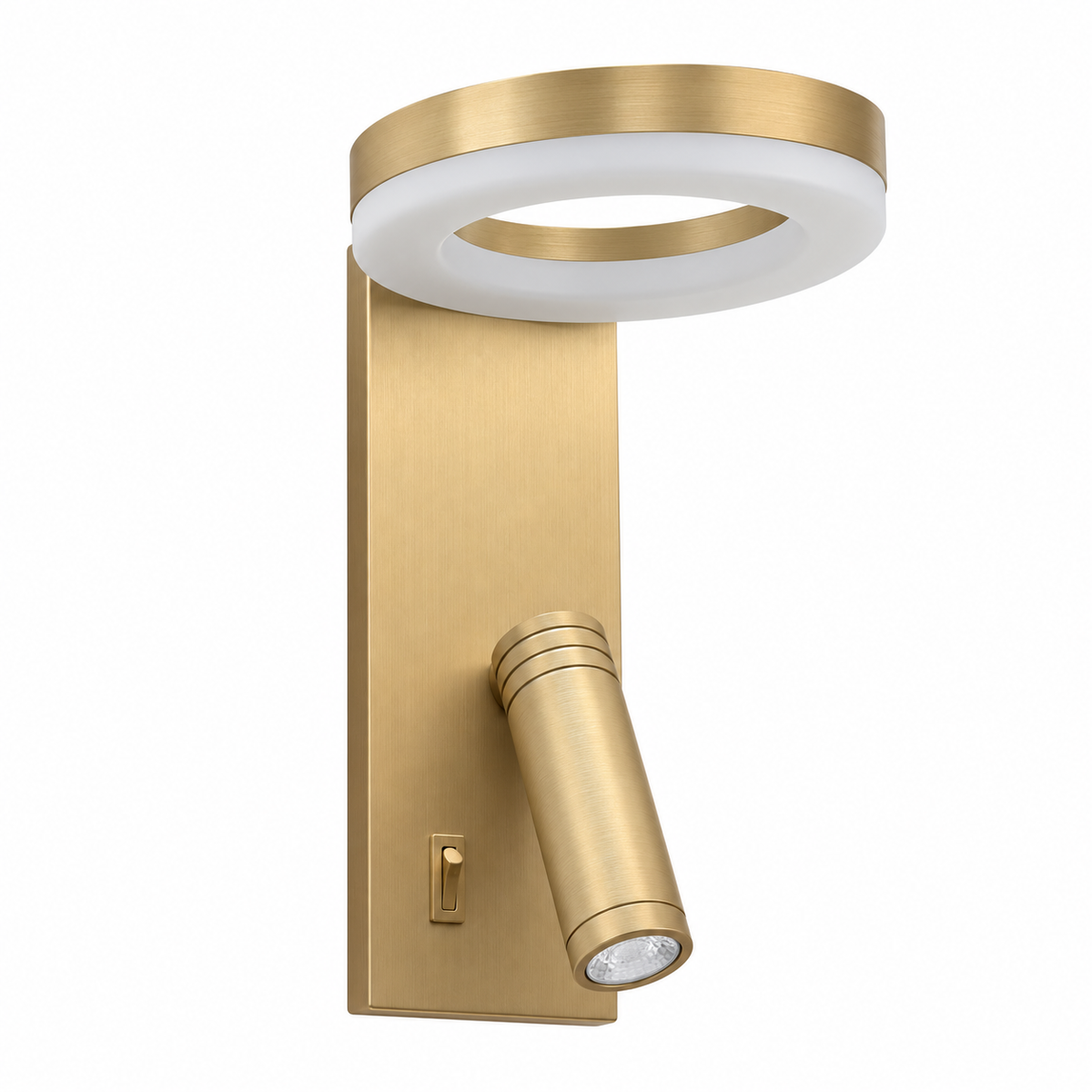 Gold-toned wall light with an upper luminous ring, lower cylindrical reading head and small rocker switch, switched off against a white studio background.