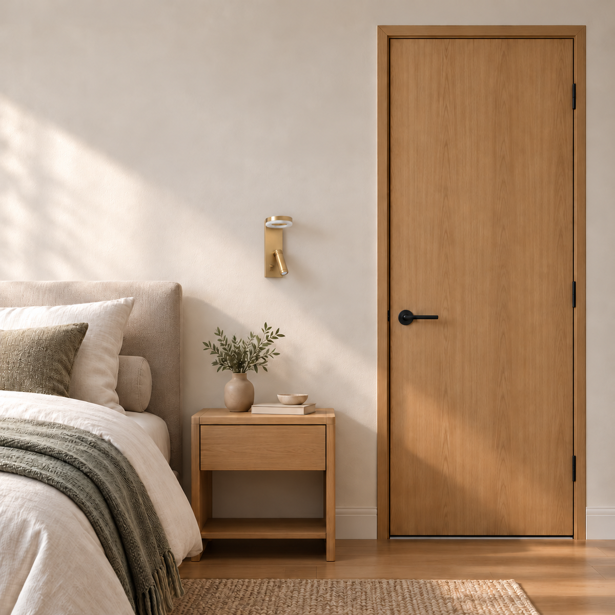 Gold-toned wall light with an upper luminous ring, lower cylindrical reading head and small rocker switch, switched off in a daylight interior setting.