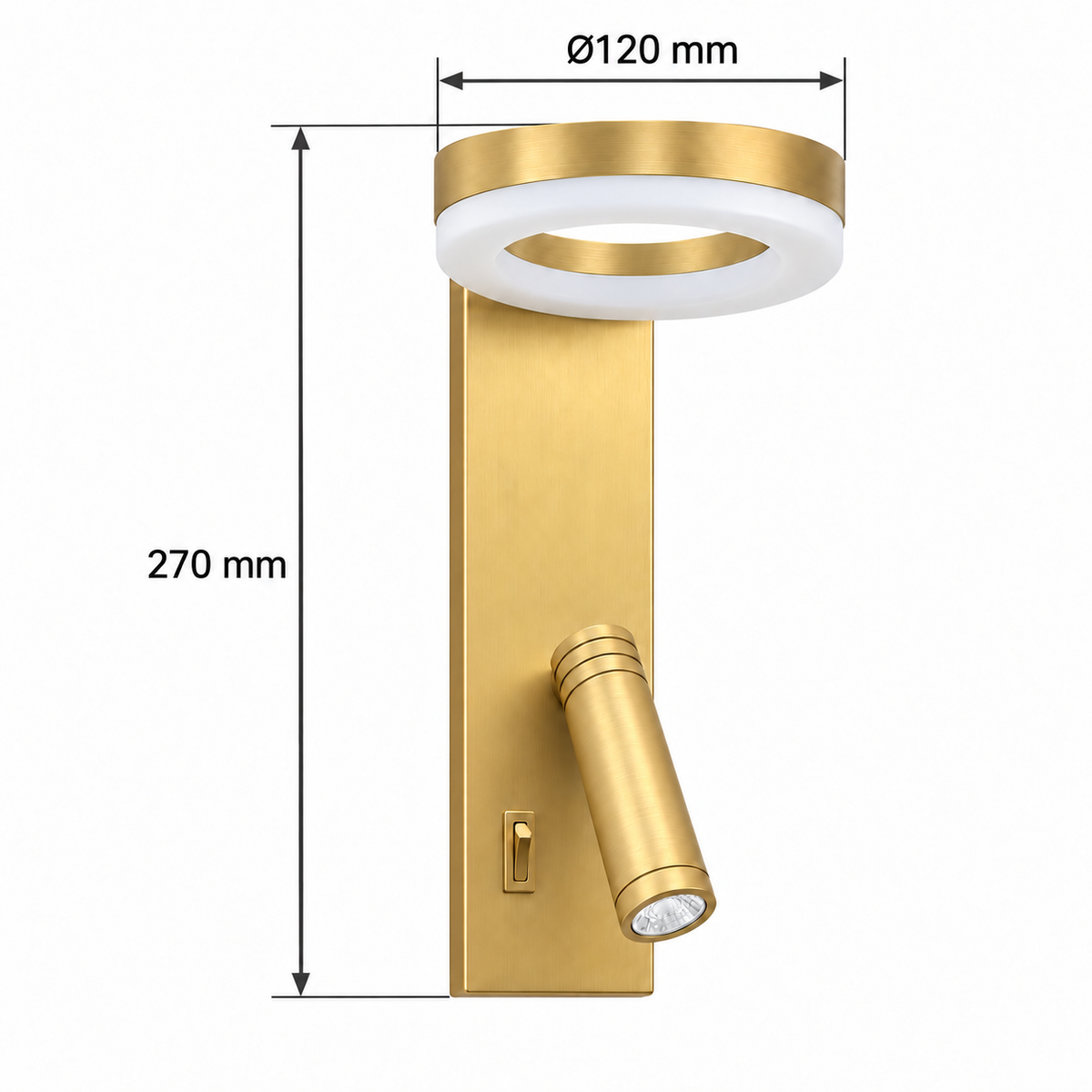 Gold-toned wall light with an upper luminous ring, lower cylindrical reading head and small rocker switch dimension diagram showing 270 mm overall height, 120 mm ring diameter.
