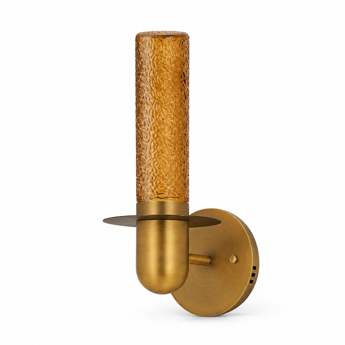 Textured tea glass cylinder wall light with a thin disc, rounded lower cup and round backplate, switched off on a white background.